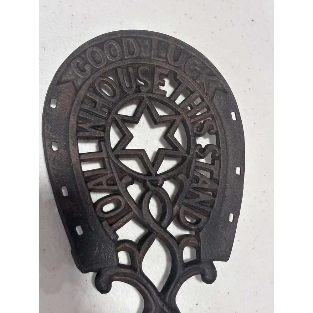 Vintage Cast Iron Horseshoe Trivet Good Luck To All Who Use This Stand Black